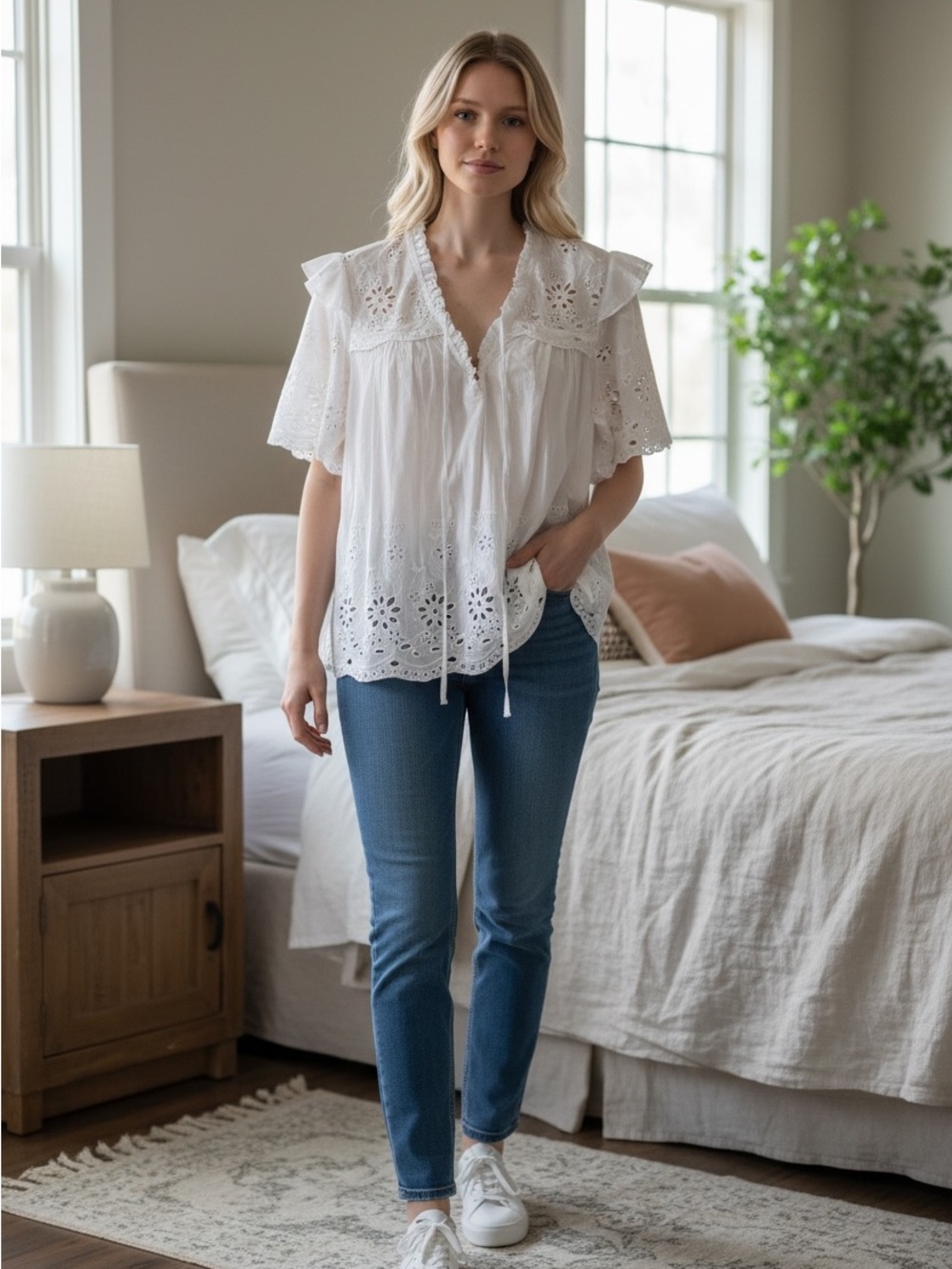 Farmers Market Short Sleeve White Embroidered Lacey Cotton Blouse Sz M NWT